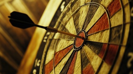 Close-up of a dartboard with a dart in the bullseye.