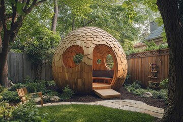 Naklejka premium Wooden egg-shaped garden structure with bench.