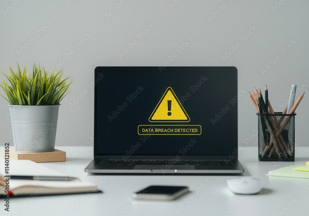 Poster laptop displaying data breach detected warning, highlighting cybersecurity threat and vulnerability