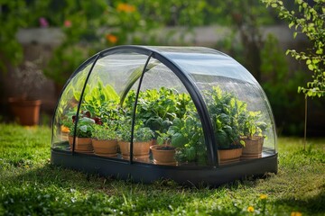 Miniature greenhouse protects sprouting plants outdoors.