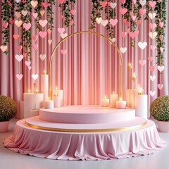 Pink romantic podium with hanging hearts, candles and golden arch on drapery background, backdrop for wedding presentations, Valentine's Day, cards, invitations
