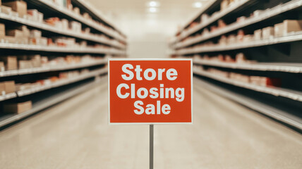 Store closing sale sign displayed in half empty aisle, indicating significant reduction in inventory and sense of urgency for shoppers. bright red sign captures attention