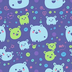 Fototapeta premium Happy Animal Friends Seamless Pattern: A cheerful and playful seamless pattern featuring adorable cartoon animals in a vibrant blue and green color palette, perfect for kids' clothing, home décor.