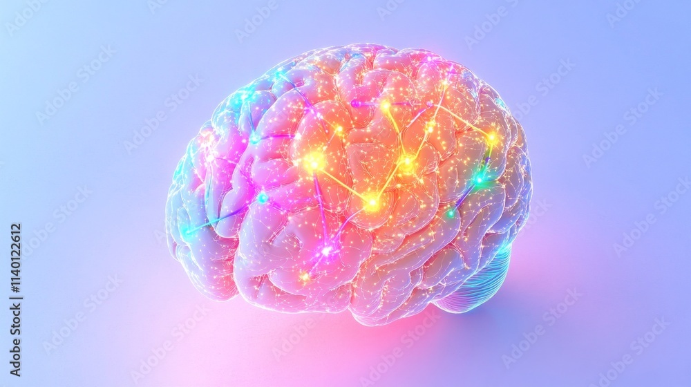 Poster human brain showing colorful neural connections on light background