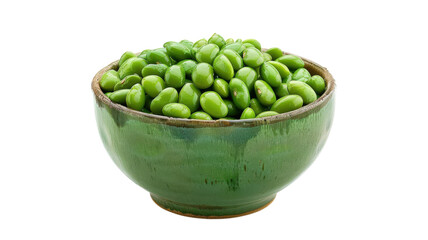Freshly harvested edamame beans presented in a rustic green bowl with a minimalist background
