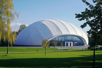Obraz premium Modern dome building, grassy landscape, sunny day.