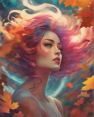Enchanting portrait of a stunning woman with vibrant hair amidst autumn leaves, evoking a whimsical and enchanting ambiance