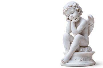 White marble statue of sitting cherub, isolated on white background