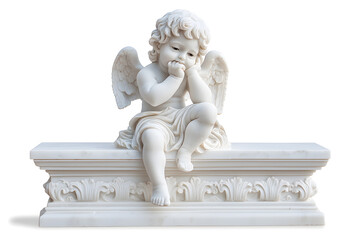 Fototapeta premium White marble statue of sitting cherub, isolated on white background