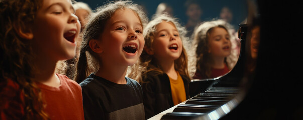 Fototapeta premium group of joyful children singing together while playing piano, expressing happiness and harmony in warm, indoor setting with soft lighting