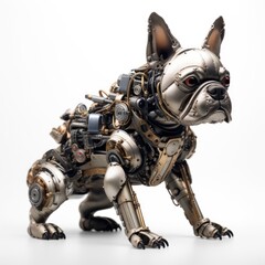 Intricate mechanical robot dog with detailed metal design and sharp features on display