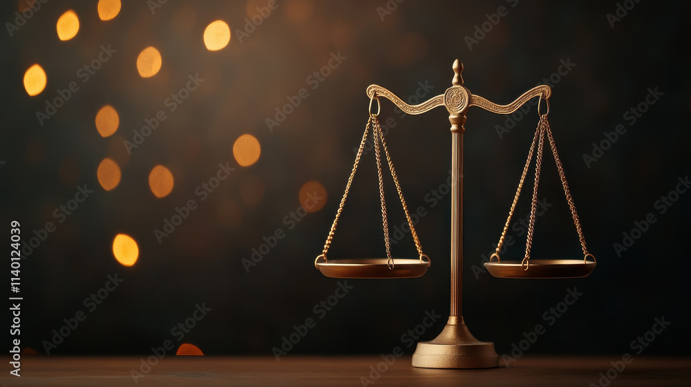 Poster golden scale symbolizing justice and balance, set against blurred bokeh background. warm tones creat