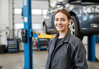 Portrait of a smiling female mechanic in a professional auto repair shop with a car lifted on a hydraulic lift
