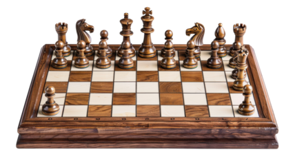 Intricate wooden chess pieces poised for a strategic game on a classic checkered board