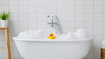 Yellow rubber duck in a bathtub filled with soap bubbles
