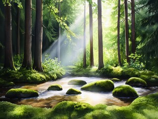 Sunlit Forest Stream with Lush Greenery and Peaceful Water Flowing Over Rocks