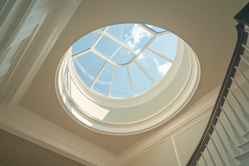 Fototapeta premium Circular skylight, ornate molding, elegant staircase.