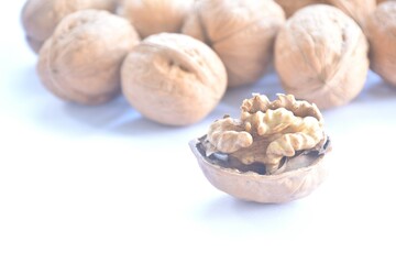 baked crispy walnut peel out arranging isolated on white background 
