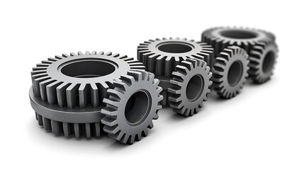Isolated white background, interlocking gears in motion, representing teamwork and efficiency, monochrome palette with an industrial environment, fine details 