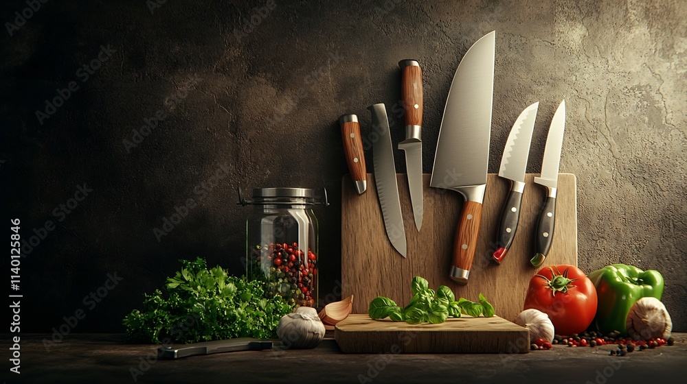 Aufkleber sleek and modern knife set with various sharp blades nestled in a wooden block placed against a neut
