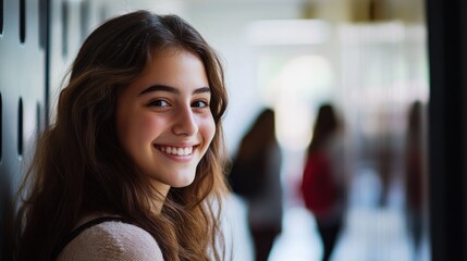 Smiling Girl in School Hallway