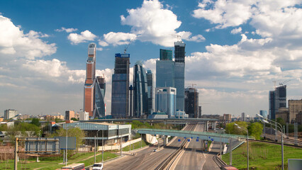 Obraz premium Skyscrapers International Business Center City at cloudy day timelapse hyperlapse, Moscow, Russia
