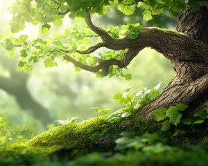 Ancient oak tree with deep roots, symbolizing stability and strength in nature. Lush green leaves and moss create serene atmosphere