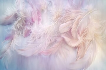 Colorful, pastel-soft feathers background, wallpaper, blurred, with ample copy space. An abstract background. web banner, soft fluffy textures