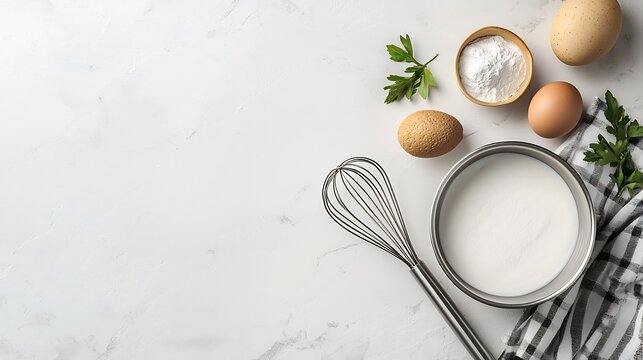 A flat image of a stainless steel whisk and mixing bowl placed on a clean white countertop  The scene showcases the culinary tools used for mixing ingredients in a minimalist modern