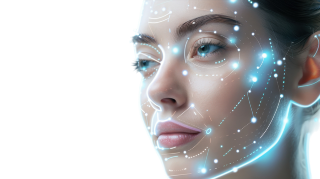 Innovative facial recognition technology showcasing a woman's profile with glowing data points in an artistic representation