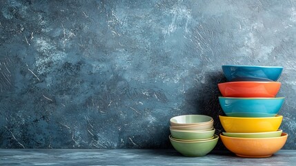 Stacked arrangement of vibrant ceramic bowls in a contemporary kitchen setting providing ample empty space for text or design overlays