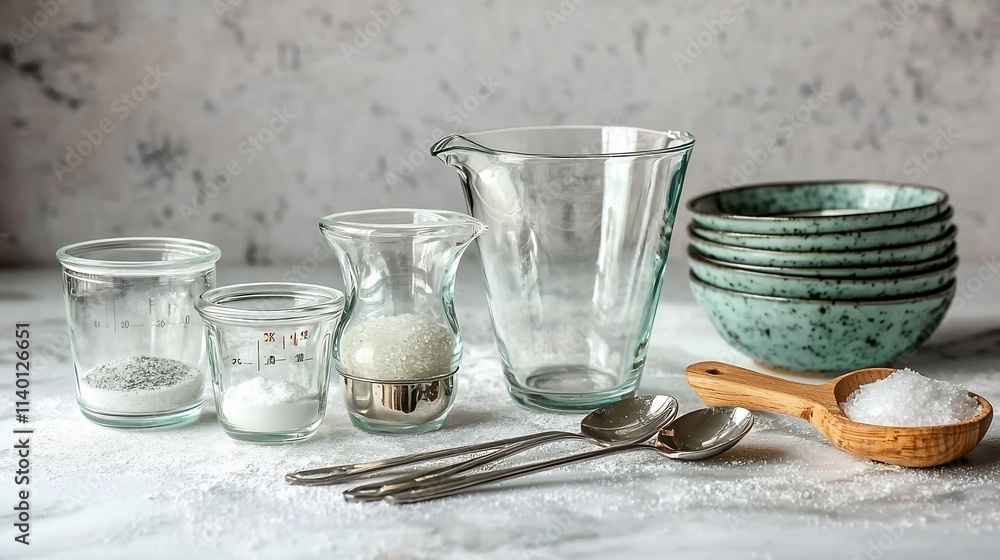 Poster A scene of glass measuring cups and spoons neatly arranged in an orderly pattern on a smooth white marble surface showcasing the precision and attention to detail required in culinary