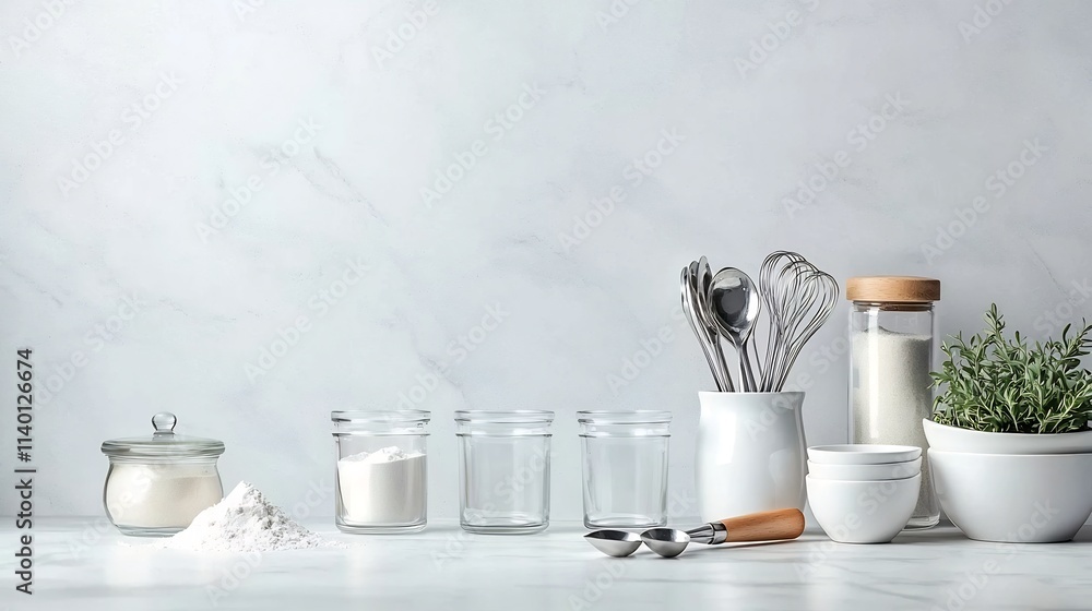 Aufkleber a precise and tidy arrangement of glass measuring cups and metal spoons displayed on a pristine whit