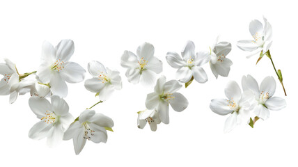 Delicate white flowers cascading elegantly on a vibrant green background, evoking a serene springtime ambiance in nature's beauty