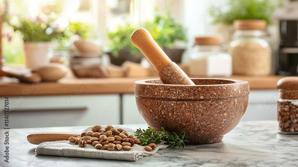 Poster minimalist composition of a mortar and pestle set on a simple kitchen counter with soft diffused lig
