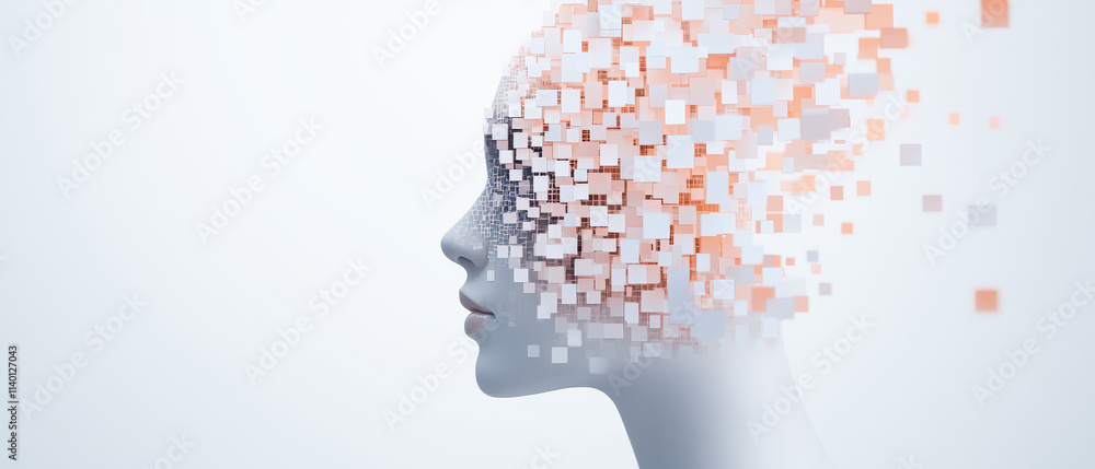 Poster abstract representation of human head dissolving into pixels, symbolizing digital transformation and