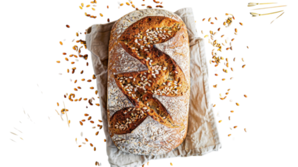 Freshly baked artisan bread with seeds beautifully arranged on a cloth under natural light