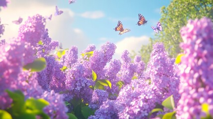 Colorful butterflies flutter over blooming lilac flowers in a sunlit garden setting, creating a serene and vibrant atmosphere.