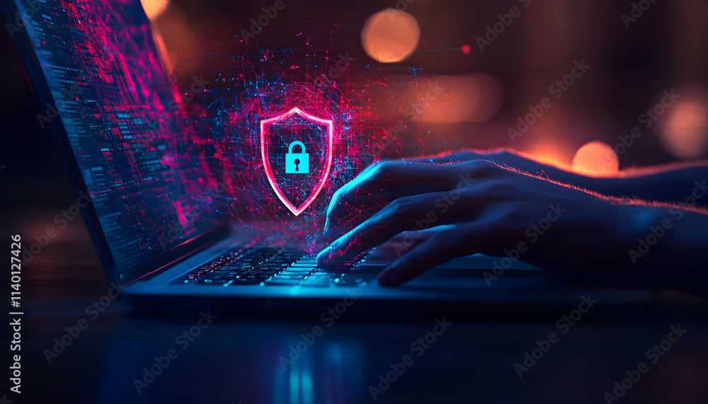 Aufkleber cyber security concept. hands typing on laptop with digital shield and padlock graphic. data protect