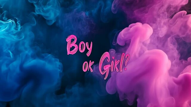 Vibrant pink and blue smoke blends in the air, asking "Boy or Girl?" during a festive gender reveal party, symbolizing the anticipation surrounding the birth of a child.