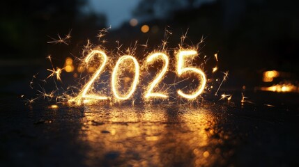 A New Year's Eve Sparkler Displaying '2025' on a Desolate Street, Symbolizing Hope and Fresh Starts, With Festive Light Traces and Sparkling Effects