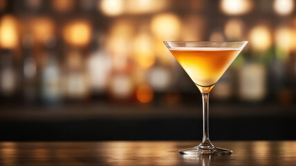 close up of golden cocktail glass filled with vibrant drink, set against softly blurred bar background, creating warm and inviting atmosphere