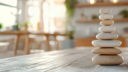Obraz premium Mindful living positive. Close-up of balanced smooth stones on wood background.