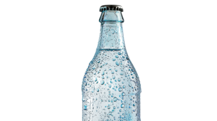 Refreshing glass bottle glistens with droplets in a vibrant green setting during a sunny afternoon