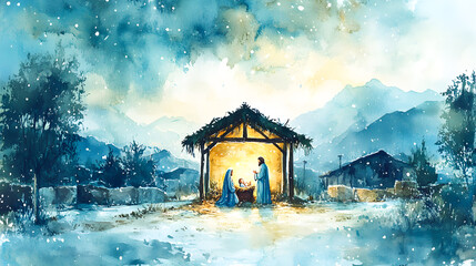 Watercolor painting representing Nativity scene in Bethlehem. Christmas scene illustration showing holy family baby Jesus in the manger Joseph and Mary. Banner. Copy space © Akash Tholiya