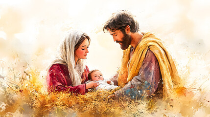 Watercolor painting representing Nativity scene in Bethlehem. Christmas scene illustration showing holy family baby Jesus in the manger Joseph and Mary. Banner. Copy space © Akash Tholiya