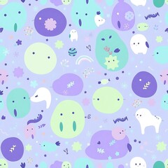 Fototapeta premium Whimsical Purple and Green Creatures Pattern: A cheerful and playful pattern featuring adorable, abstract creatures in various shades of purple, green, and white.