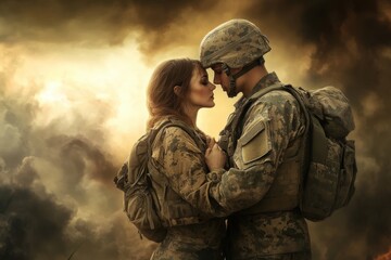 Fototapeta premium Couple embracing passionately amidst a dramatic military backdrop at dusk