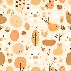 Autumnal Delight: A charming seamless pattern featuring adorable cartoon animals and nature elements in warm, earthy tones. Perfect for textile design, kids' apparel, and autumn-themed projects. 