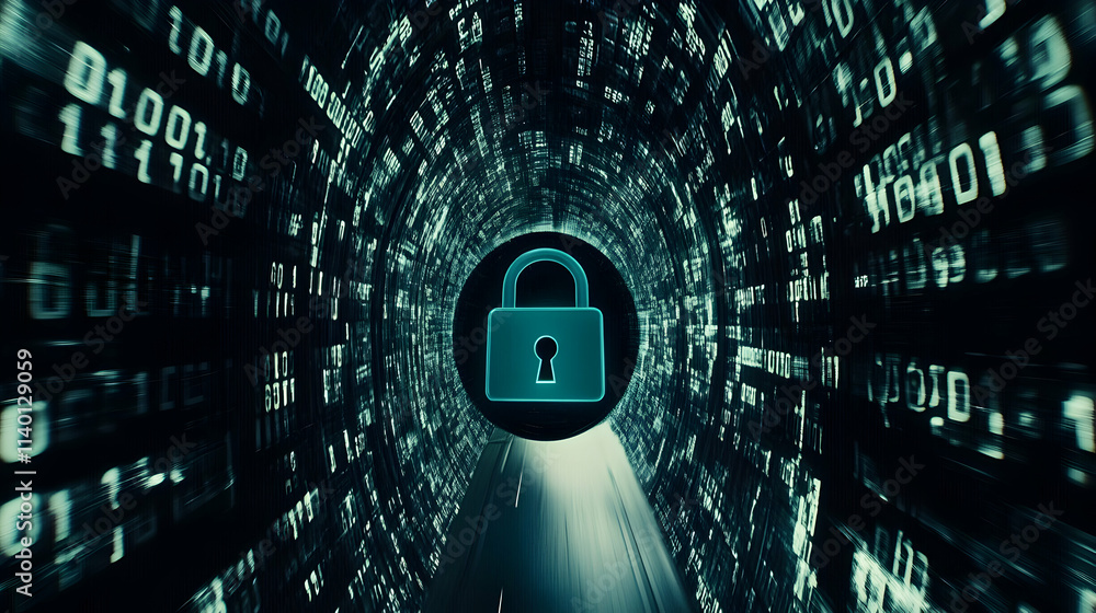 Poster abstract digital tunnel with a glowing padlock, symbolizing cybersecurity and data protection. perfe